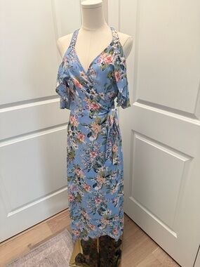 Blue Floral Asymmetrical Wrap Maxi Dress with Tie Waist